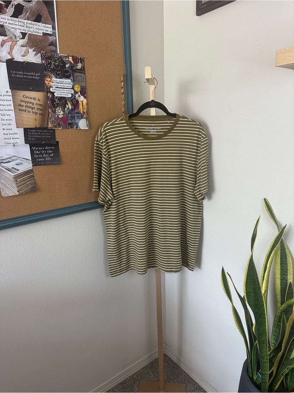 Everlane | Olive Green and White Striped Short Sleeve Tee